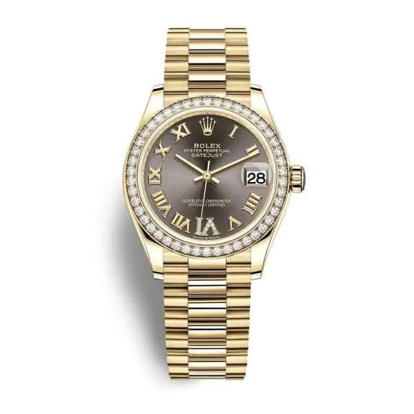Rolex Datejust 31mm - Ref: 278288rbr-0026 - Dark Grey Roman Diamond Dial & Diamond Bezel, 18K Yellow Gold President Bracelet Women's Watch
