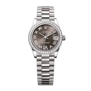 Rolex Datejust 31mm - Ref: 278289rbr-0020 - Dark Grey Roman Diamond Dial & Diamond Bezel, 18K White Gold President Bracelet Women's Watch