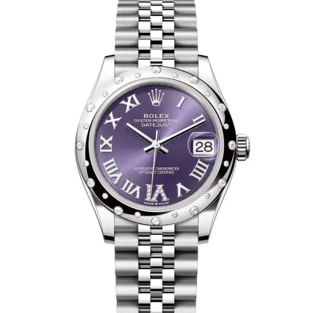 Rolex Datejust 31mm - Ref: 278344rbr-0028 - Aubergine Purple Roman Diamond Dial & Diamond Bezel, Stainless Steel Jubilee Bracelet Women's Watch