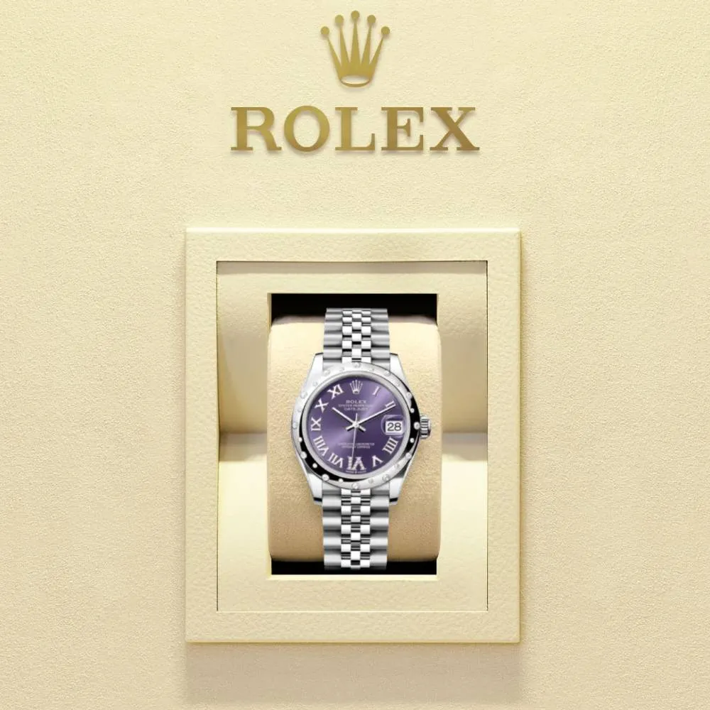 Rolex Datejust 31mm - Ref: 278344rbr-0028 - Aubergine Purple Roman Diamond Dial & Diamond Bezel, Stainless Steel Jubilee Bracelet Women's Watch