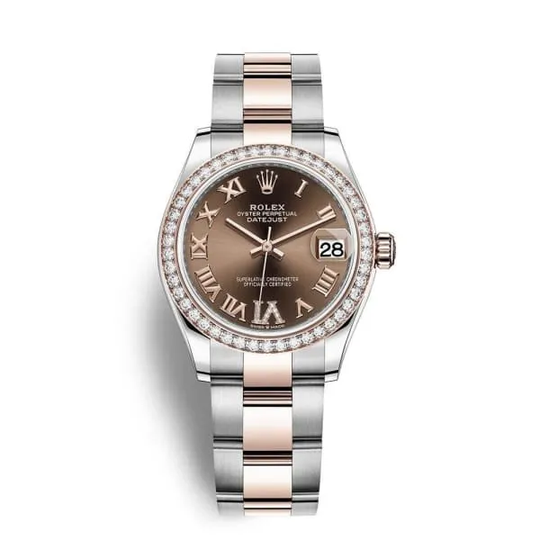 Rolex Datejust 31mm - Ref: 278381rbr-0005 - Chocolate Roman Diamond Dial & Diamond Bezel, Two Tone Stainless Steel & 18K Rose Gold Oyster Bracelet Women's Watch