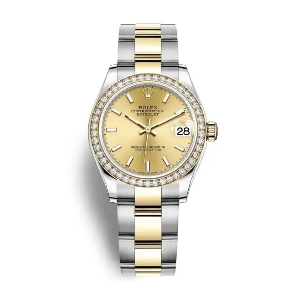 Rolex Datejust 31mm - Ref: 278383rbr-0013 - Champagne Stick Dial & Diamond Bezel, Two Tone Stainless Steel & 18K Yellow Gold Oyster Bracelet Women's Watch