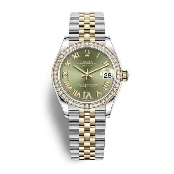 Rolex Datejust 31mm - Ref: 278383rbr-0016 - Olive Green Roman Diamond Dial & Diamond Bezel, Two Tone Stainless Steel & 18K Yellow Gold Jubilee Bracelet Women's Watch