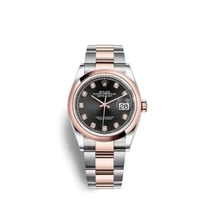 Rolex Datejust 36mm - Ref: 126201-0020 - Black Diamond Dial, Two Tone Stainless Steel & 18K Rose Gold Oyster Bracelet Watch