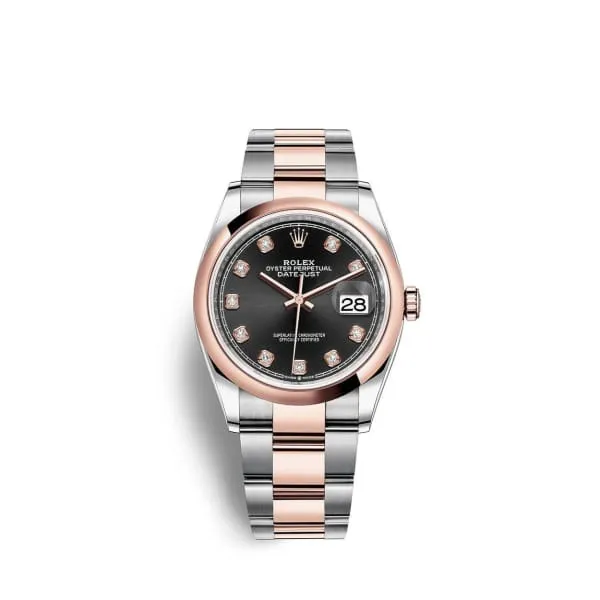 Rolex Datejust 36mm - Ref: 126201-0020 - Black Diamond Dial, Two Tone Stainless Steel & 18K Rose Gold Oyster Bracelet Watch