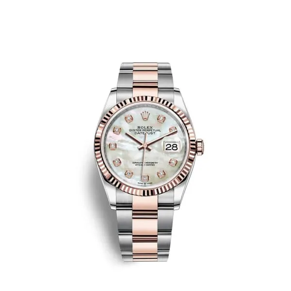 Rolex Datejust 36mm - Ref: 126231-0022 - White Mother of Pearl Diamond Dial, Two Tone Stainless Steel & 18K Rose Gold Oyster Bracelet Watch