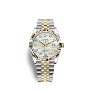 Rolex Datejust 36mm - Ref: 126233-0023 - White Mother of Pearl Diamond Dial, Two Tone Stainless Steel & 18K Yellow Gold Jubilee Bracelet Watch