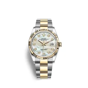 Rolex Datejust 36mm - Ref: 126233-0024 - White Mother of Pearl Diamond Dial, Two Tone Stainless Steel & 18K Yellow Gold Oyster Bracelet Watch