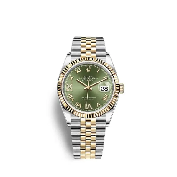 Rolex Datejust 36mm - Ref: 126233-0025 - Green Roman Diamond Dial, Two Tone Stainless Steel & 18K Yellow Gold Jubilee Bracelet Watch