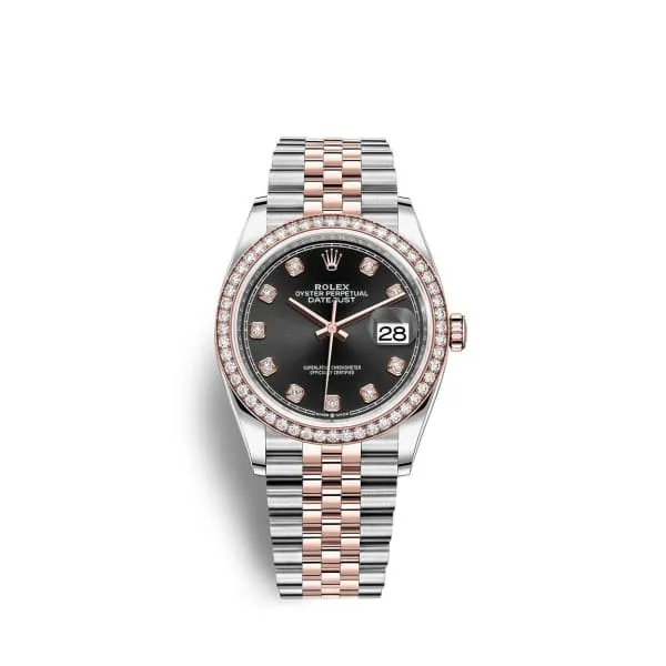 Rolex Datejust 36mm - Ref: 126281rbr-0007 - Black Diamond Dial & Diamond Bezel, Two Tone Stainless Steel & 18K Rose Gold Jubilee Bracelet Watch