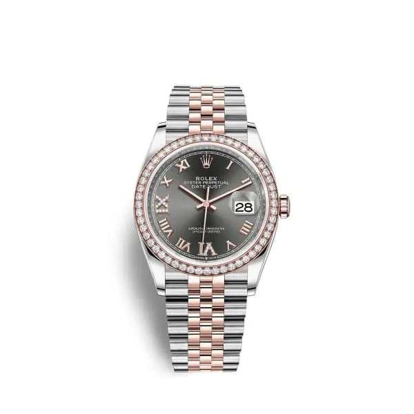 Rolex Datejust 36mm - Ref: 126281rbr-0011 - Dark Rhodium Roman Diamond Dial, Two Tone Stainless Steel & 18K Rose Gold Jubilee Bracelet Watch