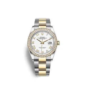 Rolex Datejust 36mm - Ref: 126283rbr-0016 - White Roman Dial & Diamond Bezel, Two Tone Stainless Steel & 18K Yellow Gold Oyster Bracelet Watch