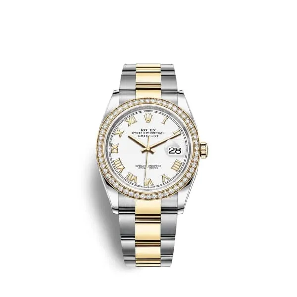 Rolex Datejust 36mm - Ref: 126283rbr-0016 - White Roman Dial & Diamond Bezel, Two Tone Stainless Steel & 18K Yellow Gold Oyster Bracelet Watch