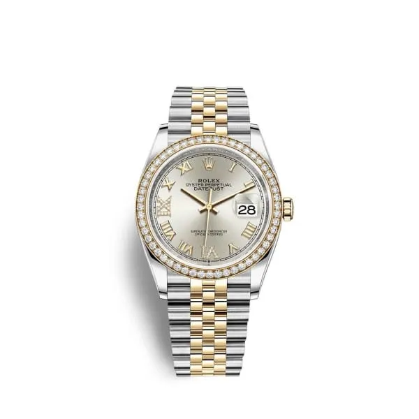 Rolex Datejust 36mm - Ref: 126283rbr-0017 - Silver Roman Diamond Dial & Diamond Bezel, Two Tone Stainless Steel & 18K Yellow Gold Jubilee Bracelet Watch