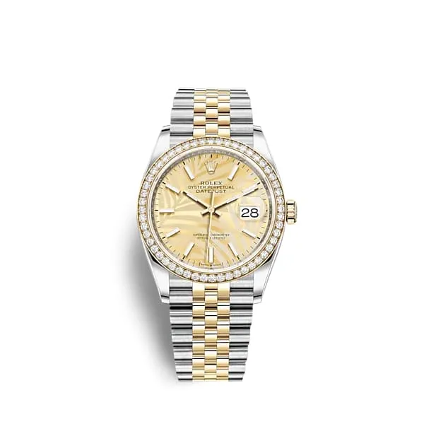 Rolex Datejust 36mm - Ref: 126283rbr-0023 - Golden Palm Motif Dial & Diamond Bezel, Two Tone Stainless Steel & 18K Yellow Gold Jubilee Bracelet Watch