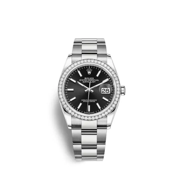Rolex Datejust 36mm - Ref: 126284rbr-0008 - Black Stick Dial & Diamond Bezel, Stainless Steel Oyster Bracelet Watch