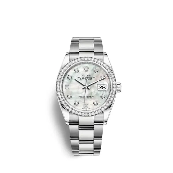 Rolex Datejust 36mm - Ref: 126284rbr-0012 - White Mother of Pearl Diamond Dial & Diamond Bezel, Stainless Steel Oyster Bracelet Watch