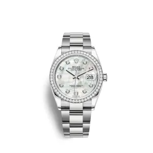 Rolex Datejust 36mm - Ref: 126284rbr-0012 - White Mother of Pearl Diamond Dial & Diamond Bezel, Stainless Steel Oyster Bracelet Watch