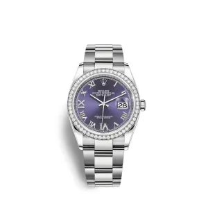 Rolex Datejust 36mm - Ref: 126284rbr-0014 - Aubergine Purple Roman Diamond Dial & Diamond Bezel, Stainless Steel Oyster Bracelet Watch