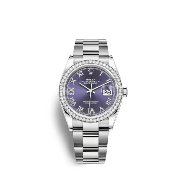 Rolex Datejust 36mm - Ref: 126284rbr-0014 - Aubergine Purple Roman Diamond Dial & Diamond Bezel, Stainless Steel Oyster Bracelet Watch