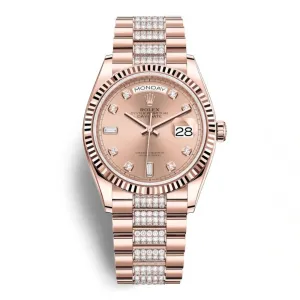 Rolex Day Date 36mm - Ref: 128235-0019 - Rose Diamond Dial & Diamond Bezel, 18K Rose Gold & Diamonds President Bracelet Watch