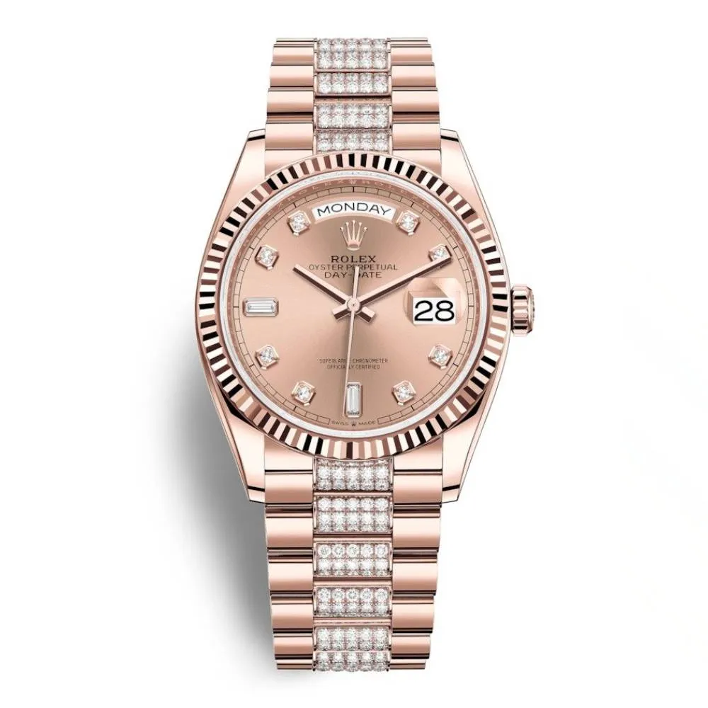 Rolex Day Date 36mm - Ref: 128235-0019 - Rose Diamond Dial & Diamond Bezel, 18K Rose Gold & Diamonds President Bracelet Watch