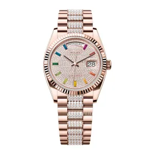 Rolex Day Date 36mm - Ref: 128235-0040 - Pave Rainbow Diamond Dial & Fluted Bezel, 18K Rose Gold & Diamonds President Bracelet Watch