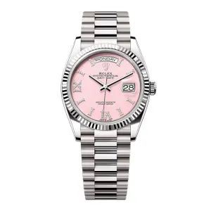 Rolex Day Date 36mm - Ref: 128239-0021 - Pink Opal Diamond Dial & Fluted Bezel, 18K White Gold President Bracelet Watch