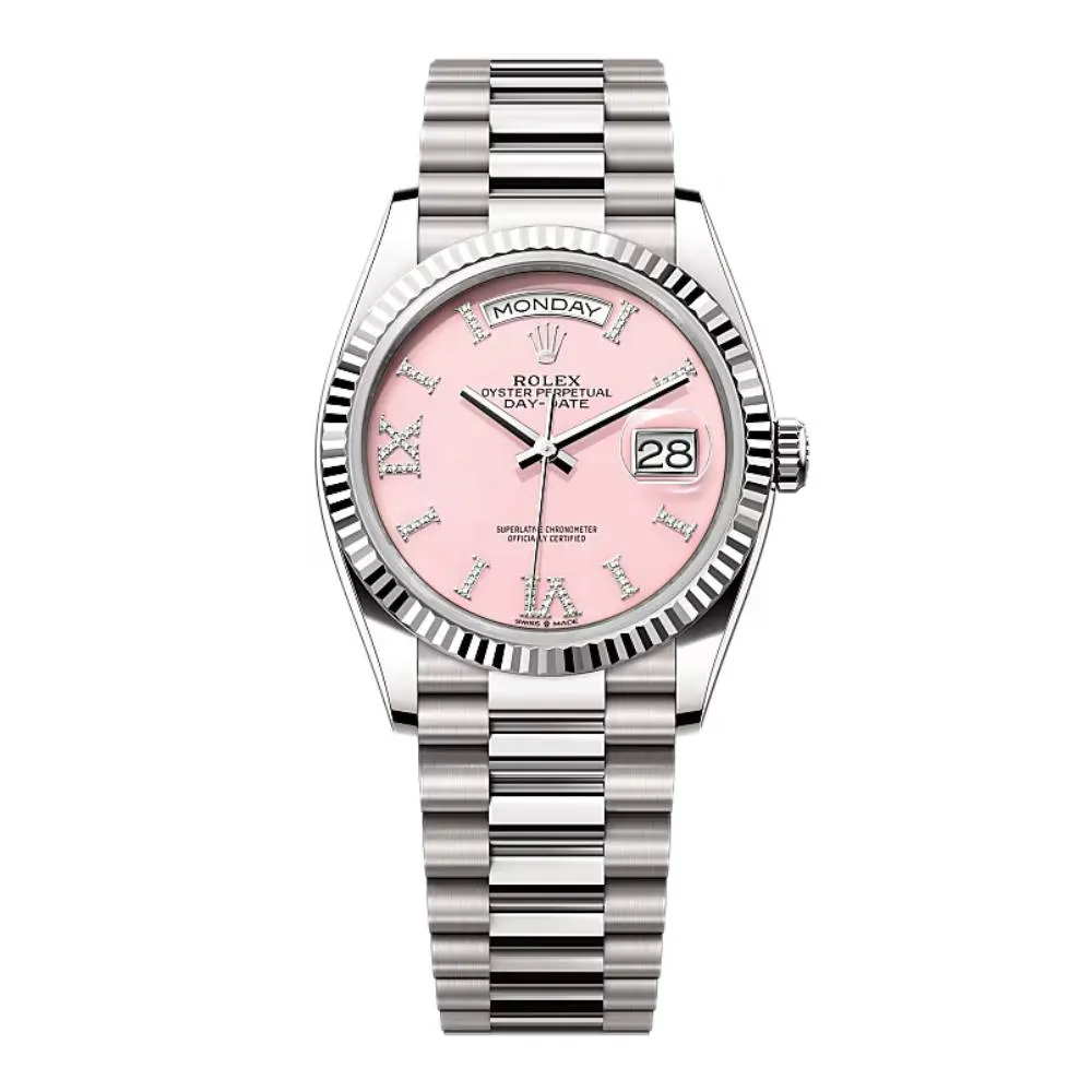 Rolex Day Date 36mm - Ref: 128239-0021 - Pink Opal Diamond Dial & Fluted Bezel, 18K White Gold President Bracelet Watch