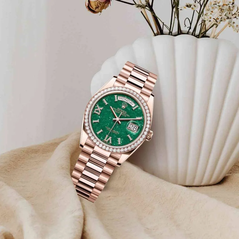 Rolex Day Date 36mm - Ref: 128345RBR - Green Aventurine Roman Diamond Dial & Diamond Bezel, 18K Rose Gold President Bracelet Watch