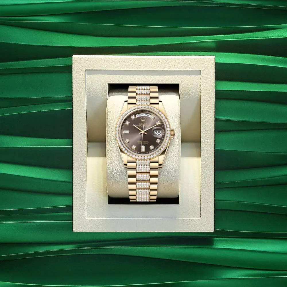 Rolex Day Date 36mm - Ref: 128348rbr-0007 - Dark Grey Diamond Dial & Diamond Bezel, 18K Yellow Gold & Diamonds President Bracelet Watch