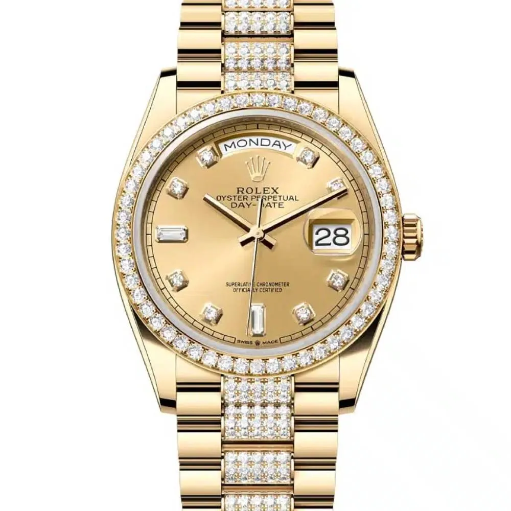 Rolex Day Date 36mm - Ref: 128348rbr-0010 - Champagne Diamond Dial & Diamond Bezel, 18K Yellow Gold & Diamonds President Bracelet Watch