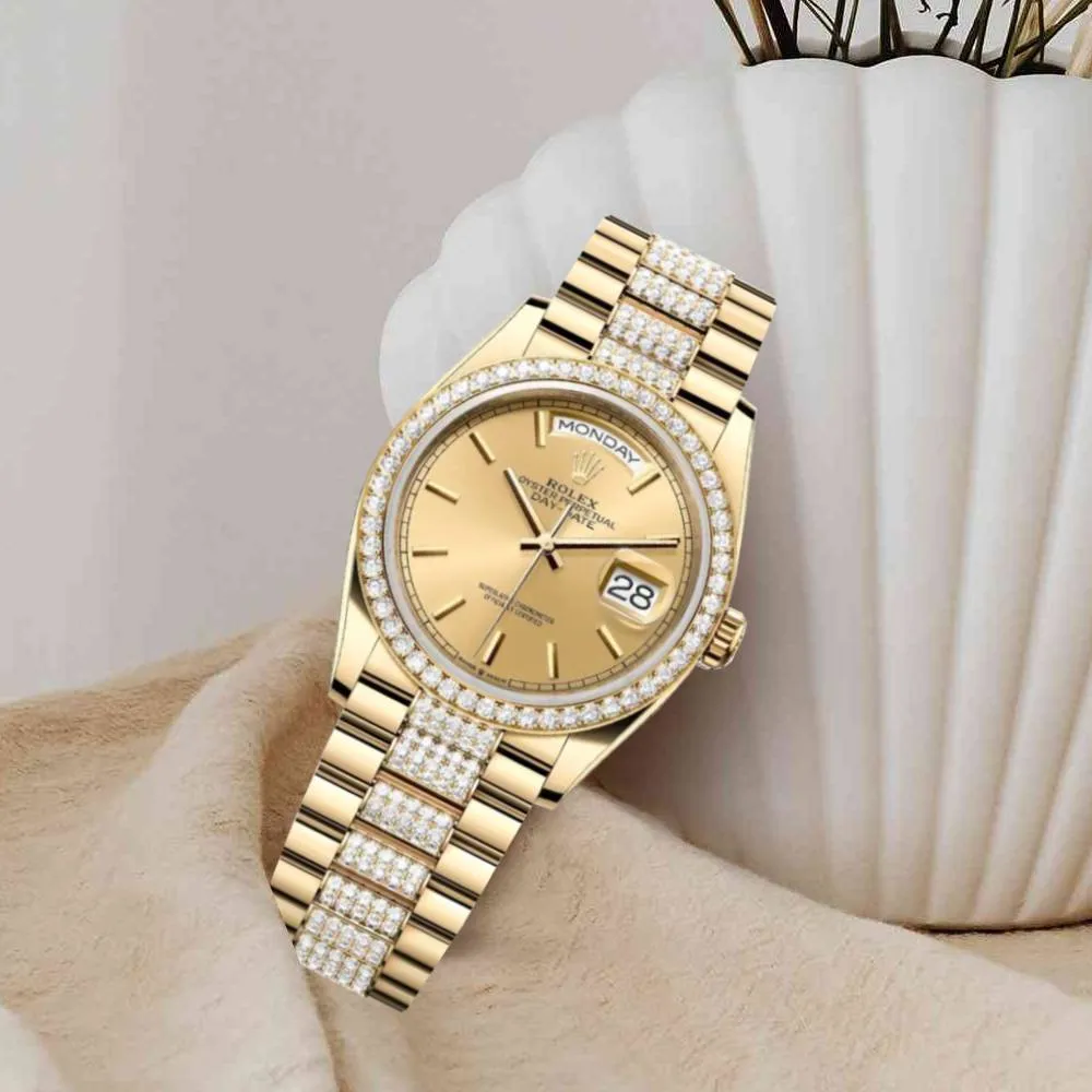 Rolex Day Date 36mm - Ref: 128348rbr-0027 - Champagne Stick Dial & Diamond Bezel, 18K Yellow Gold & Diamonds President Bracelet Watch