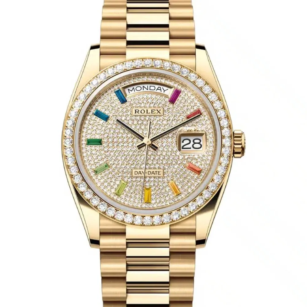 Rolex Day Date 36mm - Ref: 128348rbr-0030 - Pave Rainbow Diamond Dial & Diamond Bezel, 18K Yellow Gold President Bracelet Watch