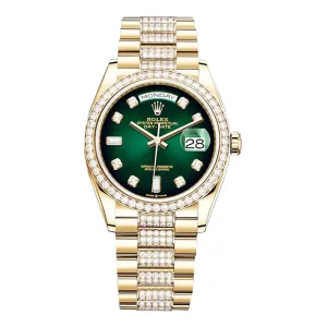 Rolex Day Date 36mm - Ref: 128348rbr-0036 - Green Ombre Diamond Dial & Diamond Bezel, 18K Yellow Gold & Diamonds President Bracelet Watch