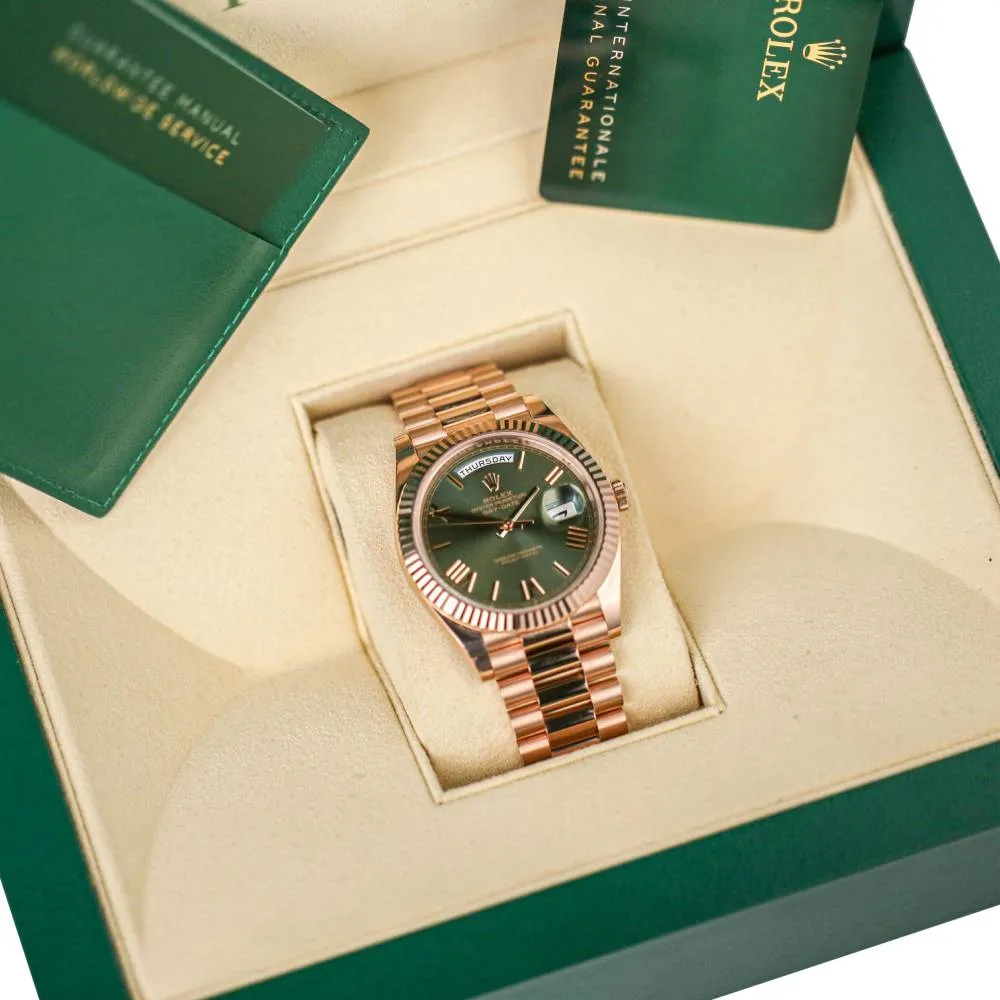 Rolex Day Date 40mm - Ref: 228235-0025 - Olive Green Roman Dial & Fluted Bezel, 18K Rose Gold President Bracelet Men's Watch
