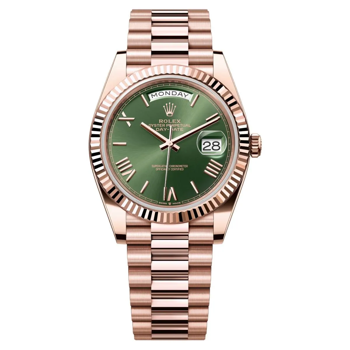 Rolex Day Date 40mm - Ref: 228235-0025 - Olive Green Roman Dial & Fluted Bezel, 18K Rose Gold President Bracelet Men's Watch
