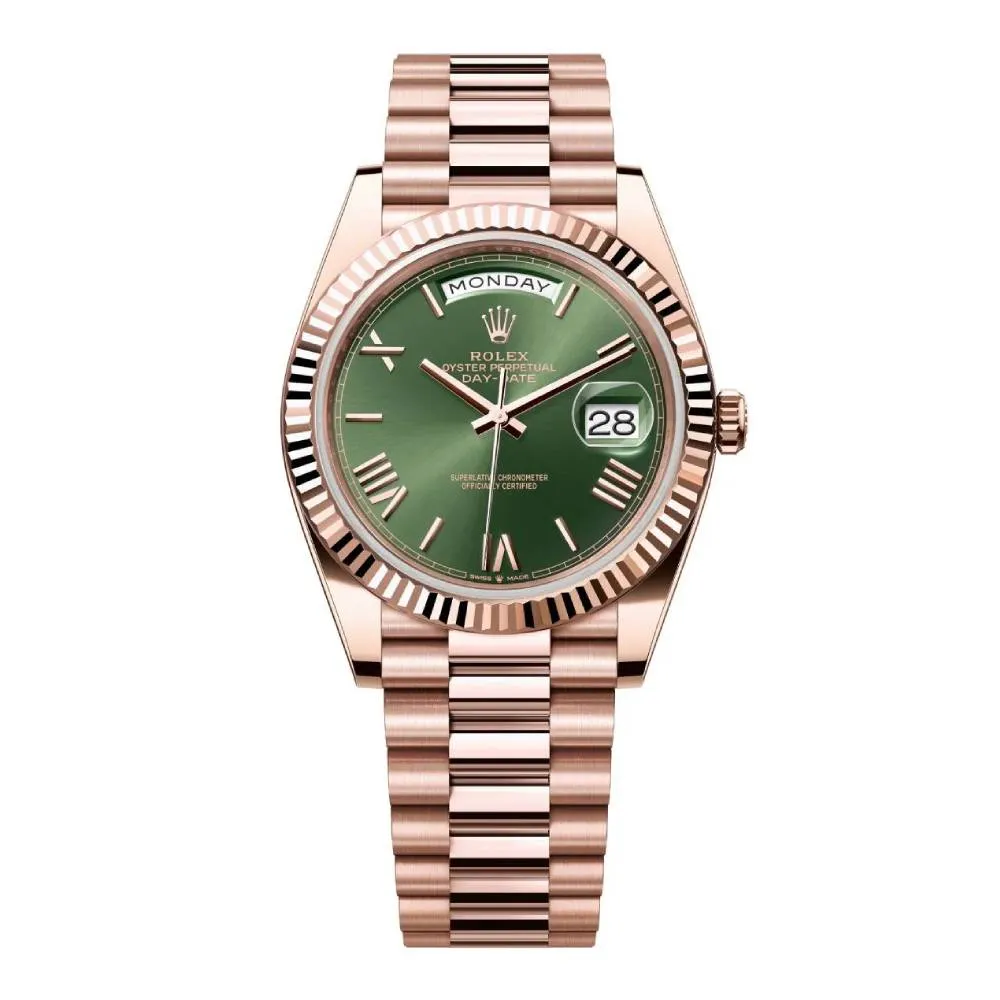Rolex Day Date 40mm - Ref: 228235-0025 - Olive Green Roman Dial & Fluted Bezel, 18K Rose Gold President Bracelet Men's Watch