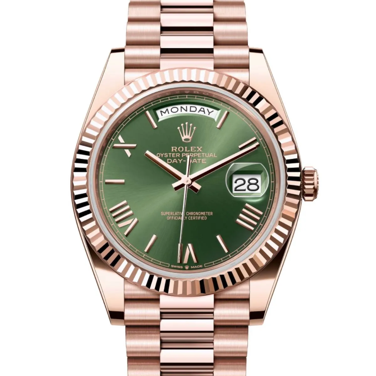 Rolex Day Date 40mm - Ref: 228235-0025 - Olive Green Roman Dial & Fluted Bezel, 18K Rose Gold President Bracelet Men's Watch