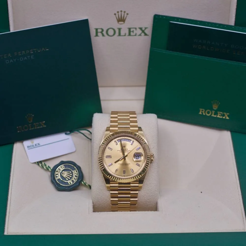 Rolex Day Date 40mm - Ref: 228238-0005 - Champagne Diamond Dial & Fluted Bezel, 18K Yellow Gold President Bracelet Men's Watch