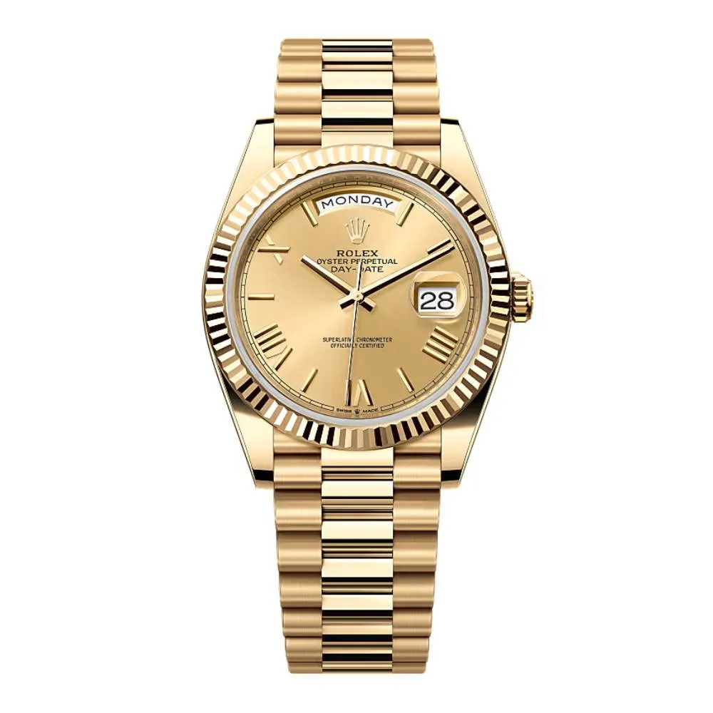 Rolex Day Date 40mm - Ref: 228238-0006 - Champagne Roman Dial & Fluted Bezel, 18K Yellow Gold President Bracelet Men's Watch