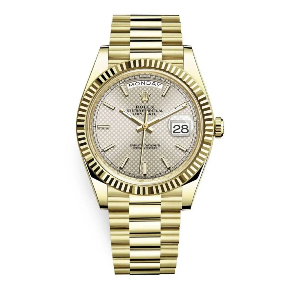 Rolex Day Date 40mm - Ref: 228238-0008 - Silver Diagonal Motif Stick Dial & Fluted Bezel, 18K Yellow Gold President Bracelet Men's Watch