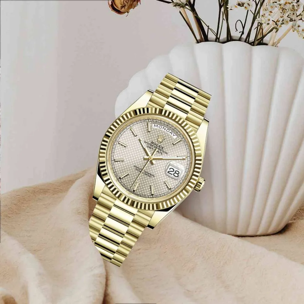 Rolex Day Date 40mm - Ref: 228238-0008 - Silver Diagonal Motif Stick Dial & Fluted Bezel, 18K Yellow Gold President Bracelet Men's Watch