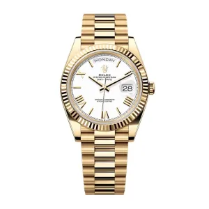 Rolex Day Date 40mm - Ref: 228238-0042 - White Roman Dial & Fluted Bezel, 18K Yellow Gold President Bracelet Men's Watch