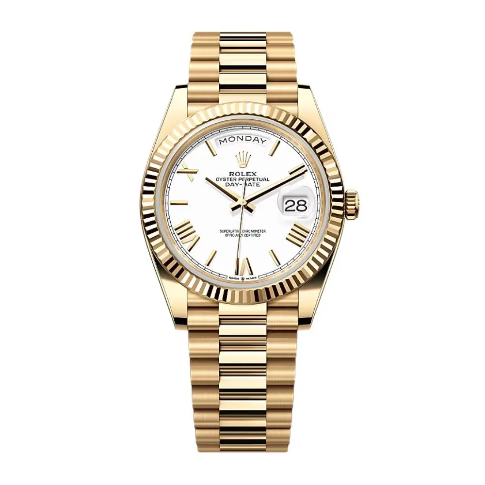 Rolex Day Date 40mm - Ref: 228238-0042 - White Roman Dial & Fluted Bezel, 18K Yellow Gold President Bracelet Men's Watch