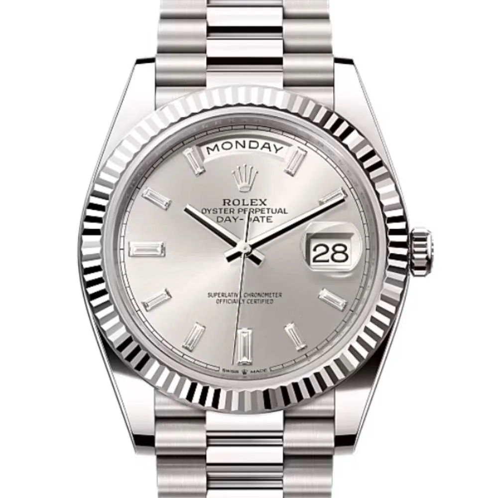 Rolex Day Date 40mm - Ref: 228239-0003 - Silver Stick Dial & Fluted Bezel, 18K White Gold President Bracelet Men's Watch