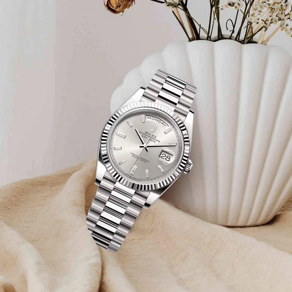 Rolex Day Date 40mm - Ref: 228239-0003 - Silver Stick Dial & Fluted Bezel, 18K White Gold President Bracelet Men's Watch