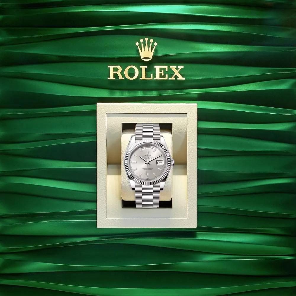 Rolex Day Date 40mm - Ref: 228239-0003 - Silver Stick Dial & Fluted Bezel, 18K White Gold President Bracelet Men's Watch