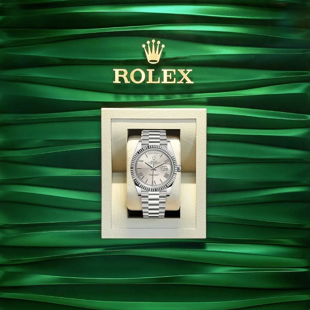 Rolex Day Date 40mm - Ref: 228239-0006 - Silver Quadrant Motif Roman Dial & Fluted Bezel, 18K White Gold President Bracelet Men's Watch