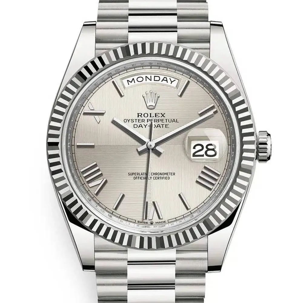 Rolex Day Date 40mm - Ref: 228239-0006 - Silver Quadrant Motif Roman Dial & Fluted Bezel, 18K White Gold President Bracelet Men's Watch